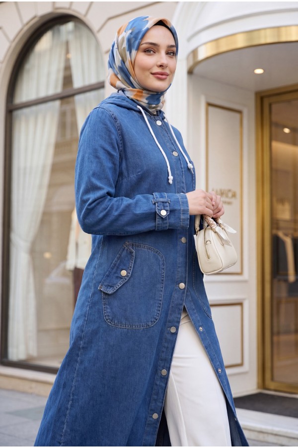   Fold Pocket Denim Cape  -اللون النيلي