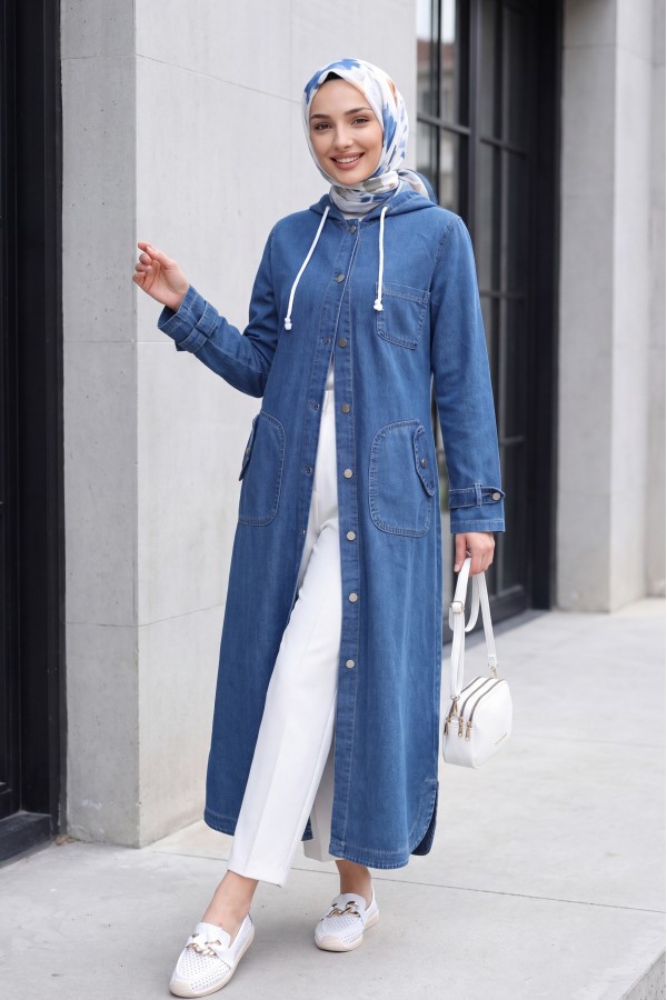   Fold Pocket Denim Cape  -اللون النيلي