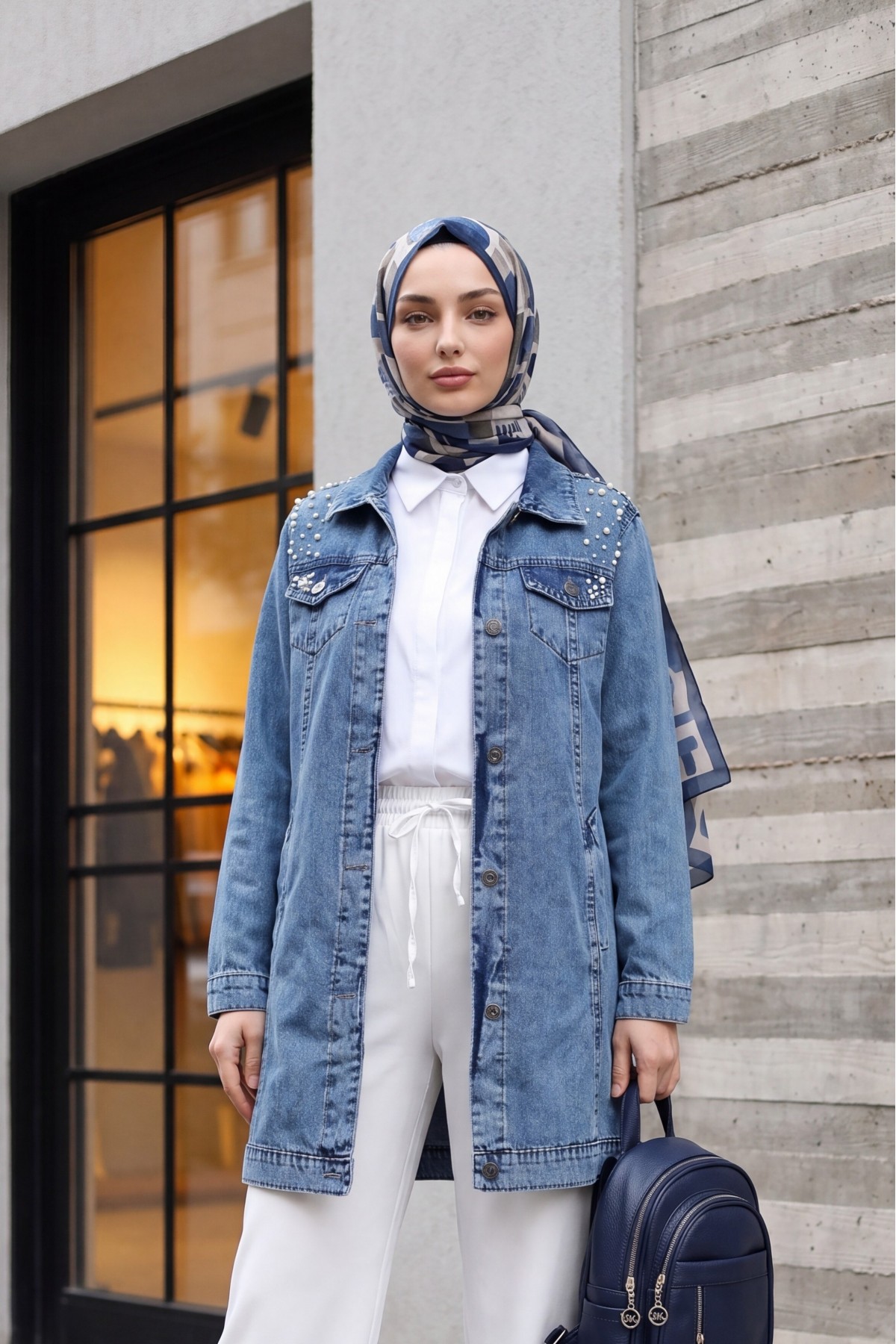 Stone Embroidered Washed Denim Jacket -Blue