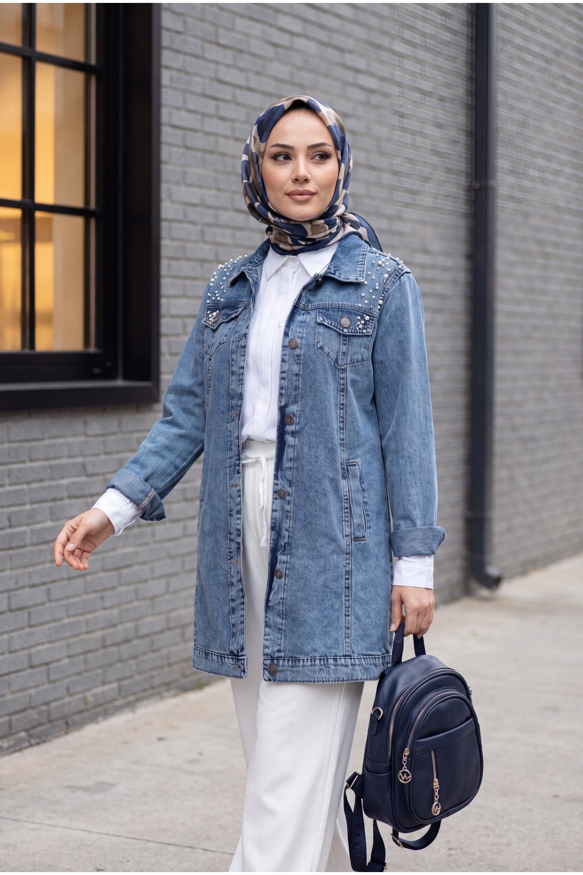 Stone Embroidered Washed Denim Jacket -Blue
