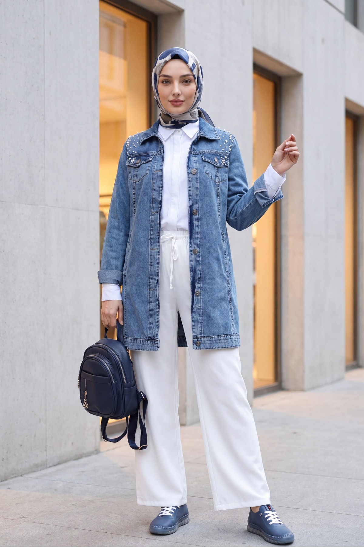 Stone Embroidered Washed Denim Jacket -Blue