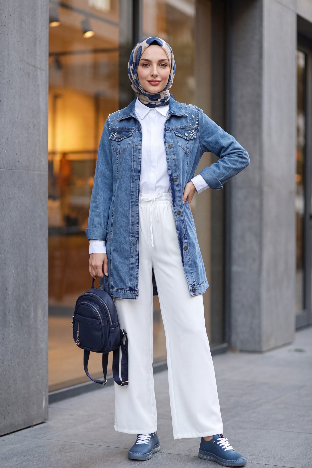 Stone Embroidered Washed Denim Jacket -Blue
