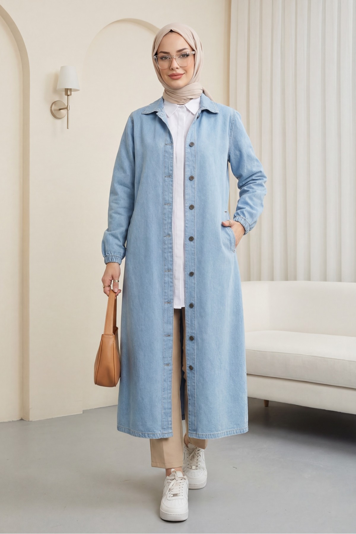 Denim Cap with Elastic Sleeves and Buttons -Light blue