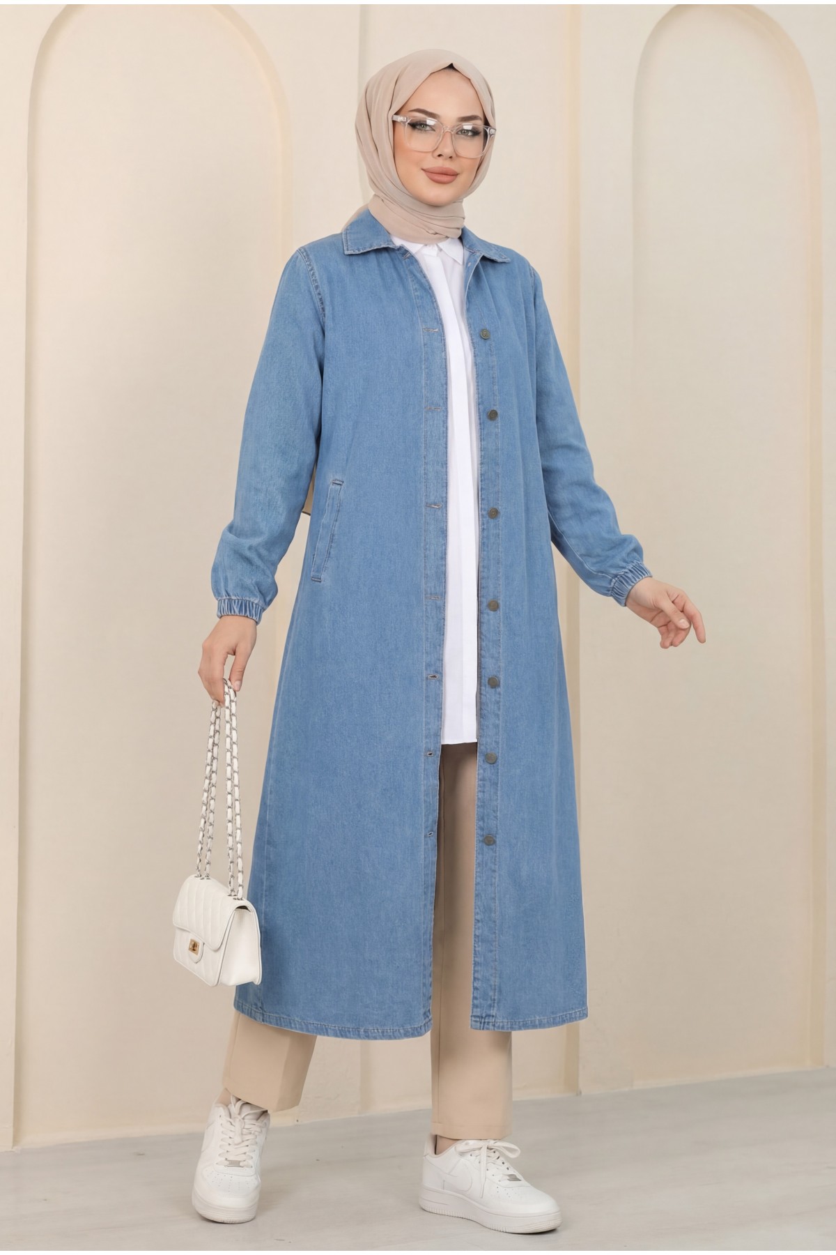 Denim Cap with Elastic Sleeves and Buttons  -Blue