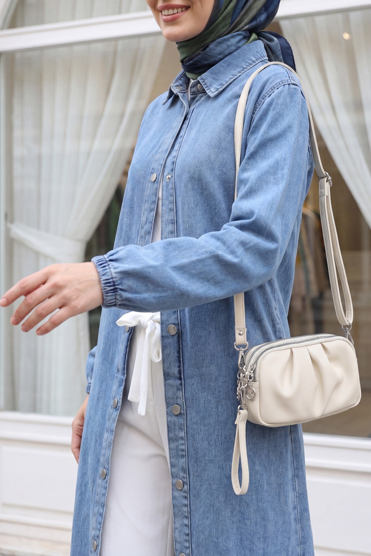 Denim Cap with Elastic Sleeves and Buttons     -Ice Blue