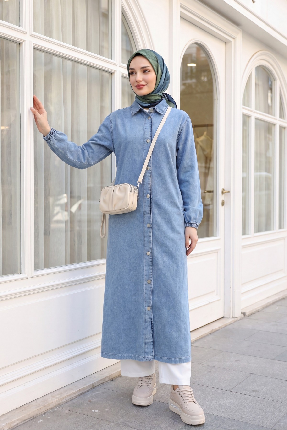 Denim Cap with Elastic Sleeves and Buttons     -Ice Blue