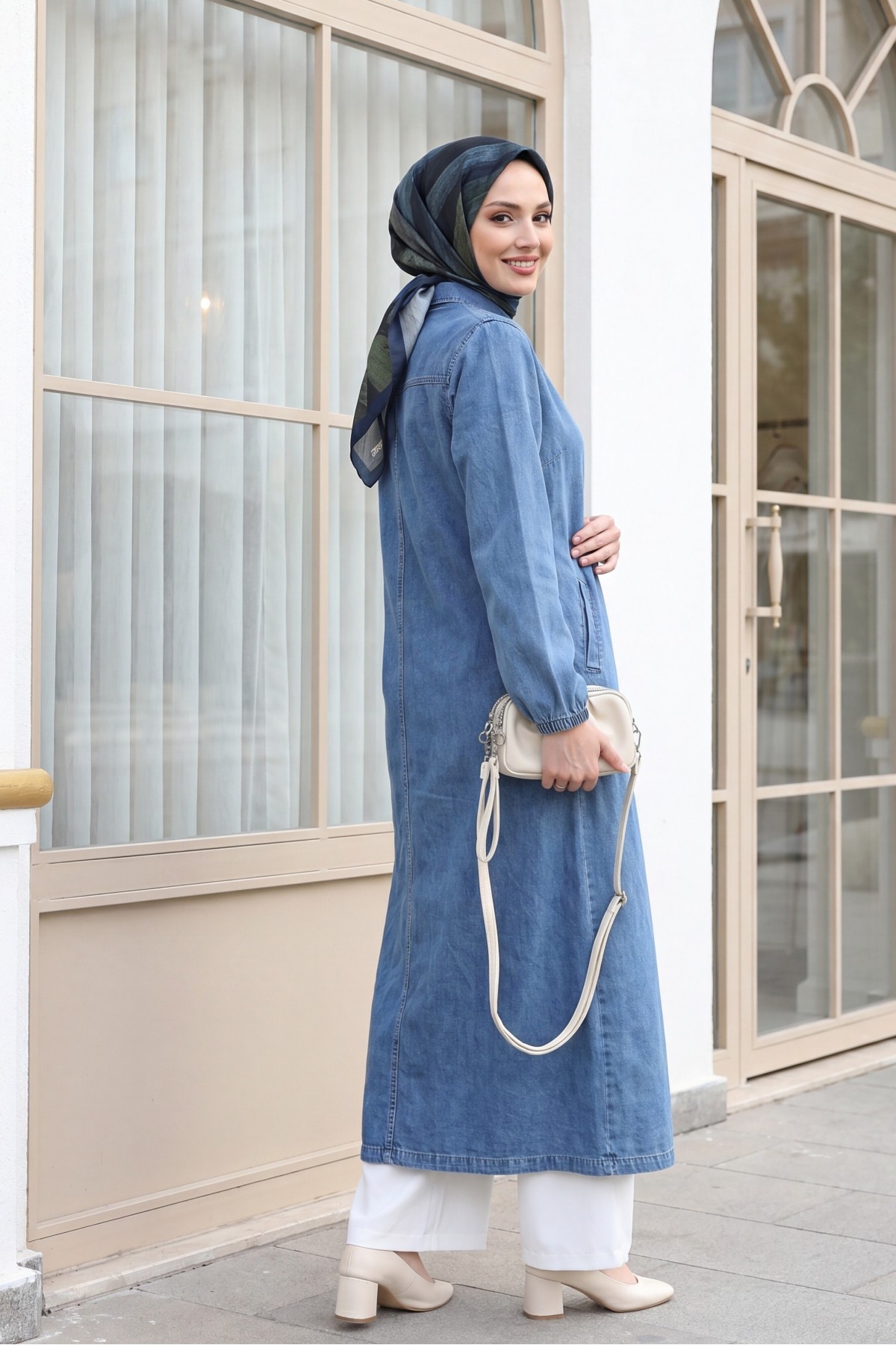 Denim Cap with Elastic Sleeves and Buttons     -Ice Blue