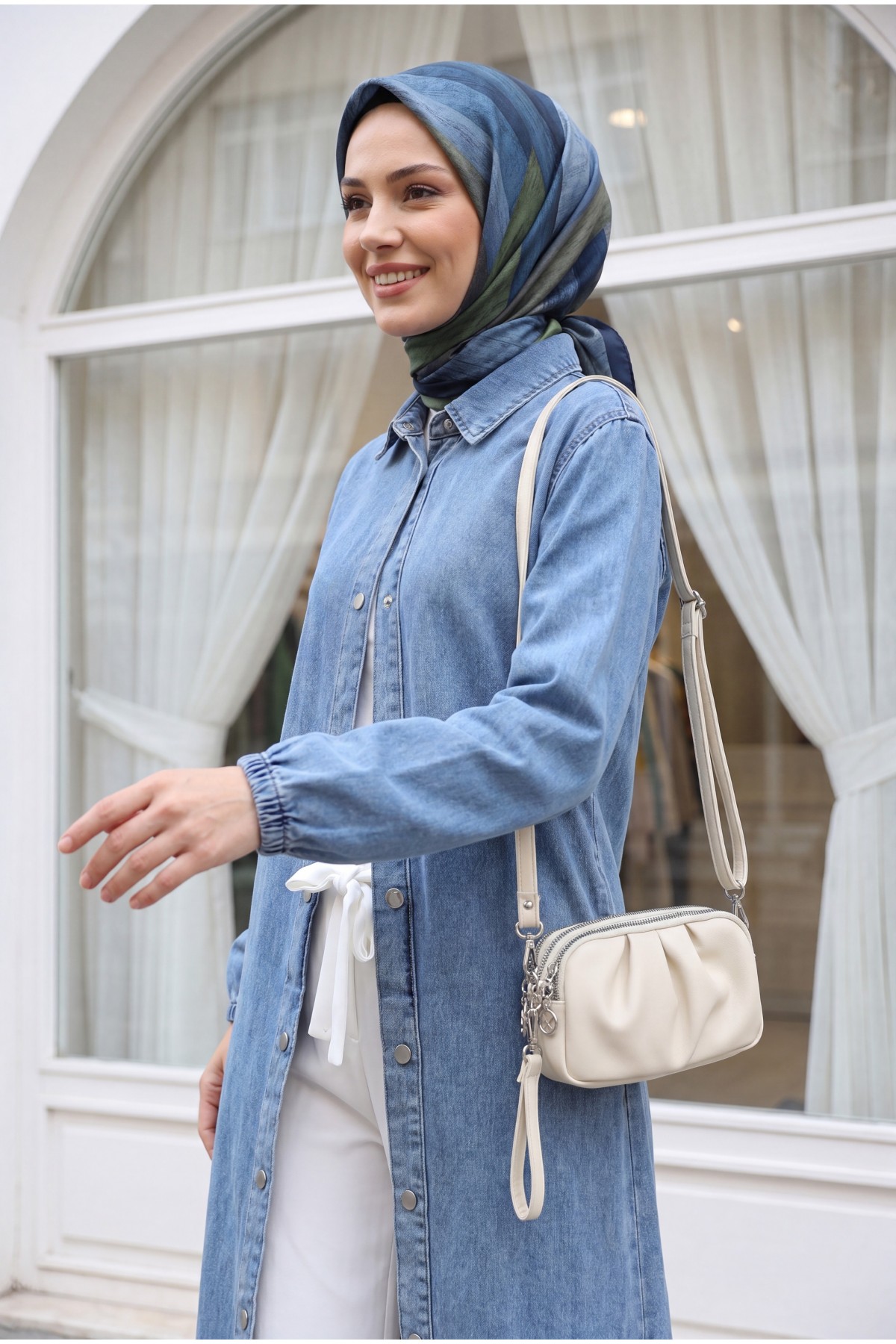 Denim Cap with Elastic Sleeves and Buttons     -Ice Blue