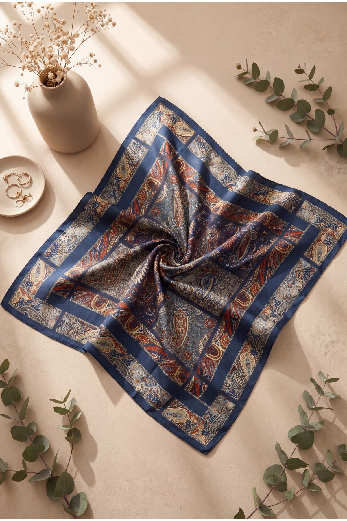 Geometric Framed Rayon Scarf -Navy blue