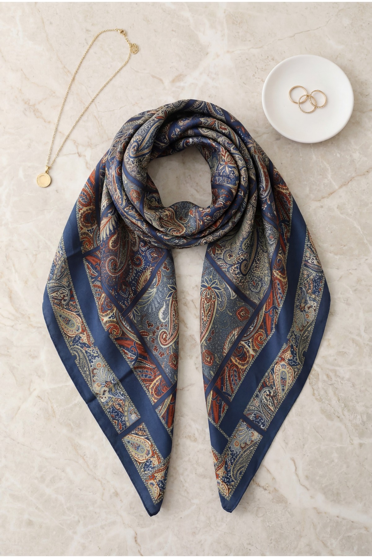 Geometric Framed Rayon Scarf -Navy blue