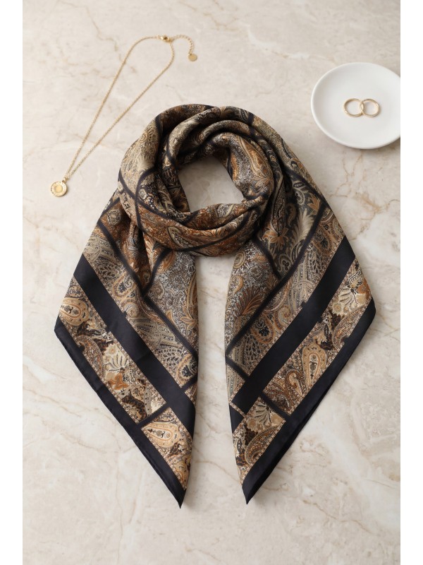 Geometrik Çerçeveli Rayon Eşarp -Taba
