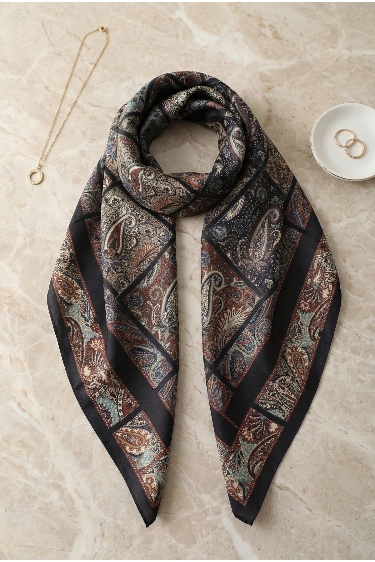 Geometric Framed Rayon Scarf -Dark Bordo