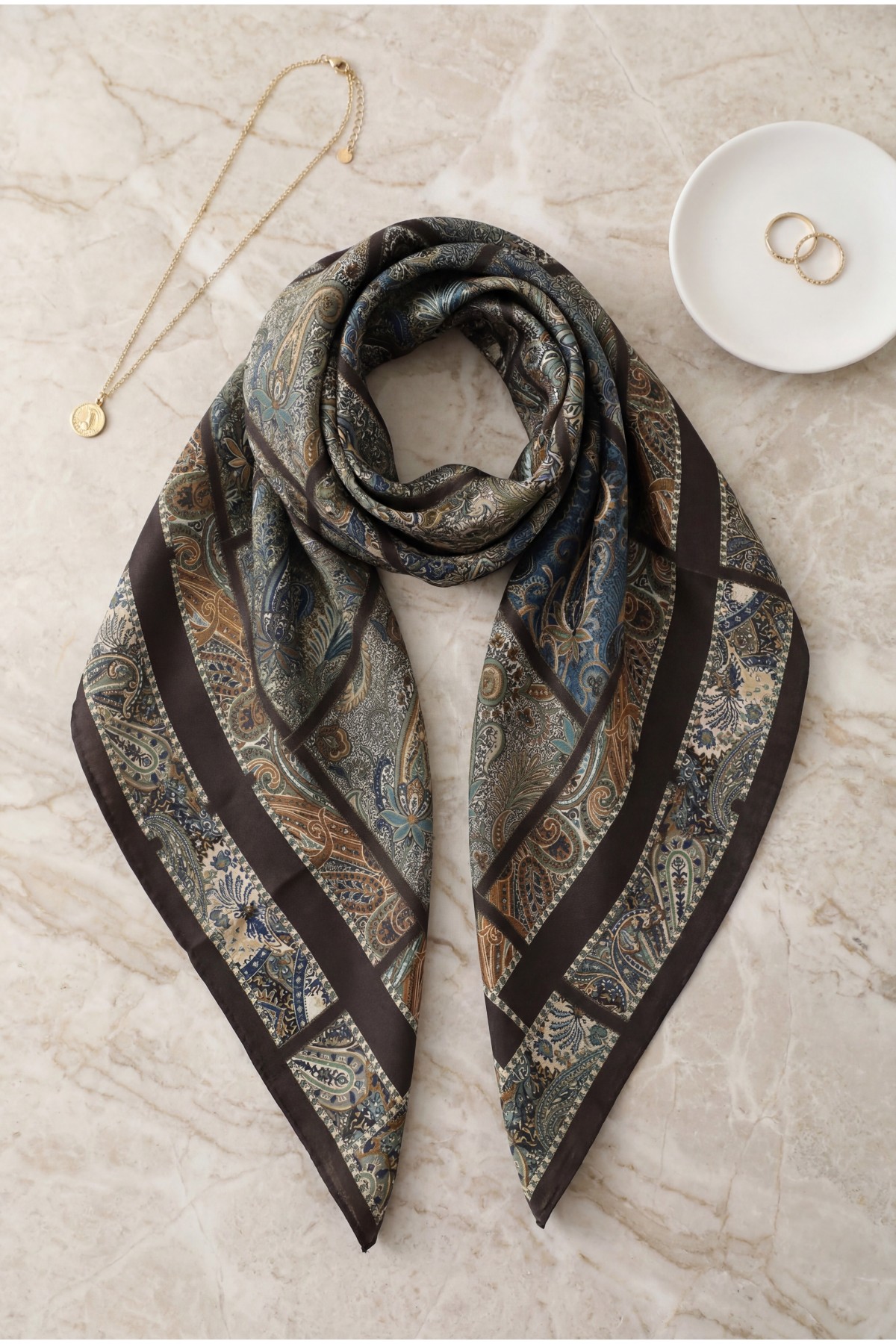 Geometric Framed Rayon Scarf -Dark Coffee