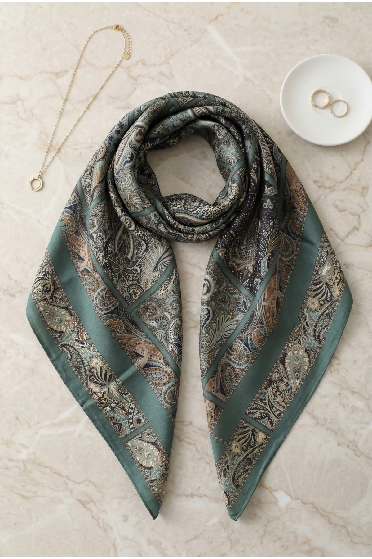Geometric Framed Rayon Scarf -Cagla Green
