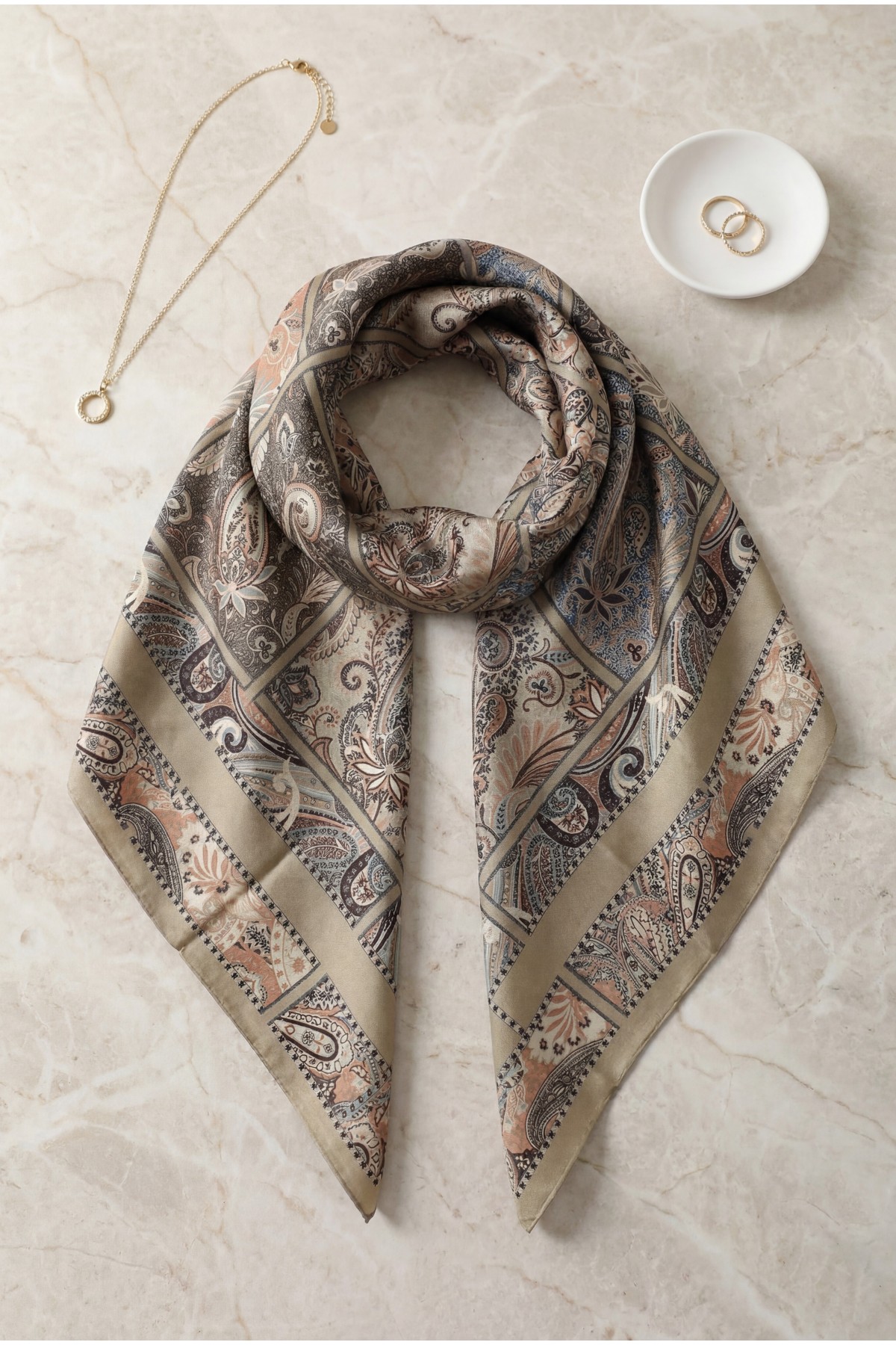 Geometric Framed Rayon Scarf -Oil Green