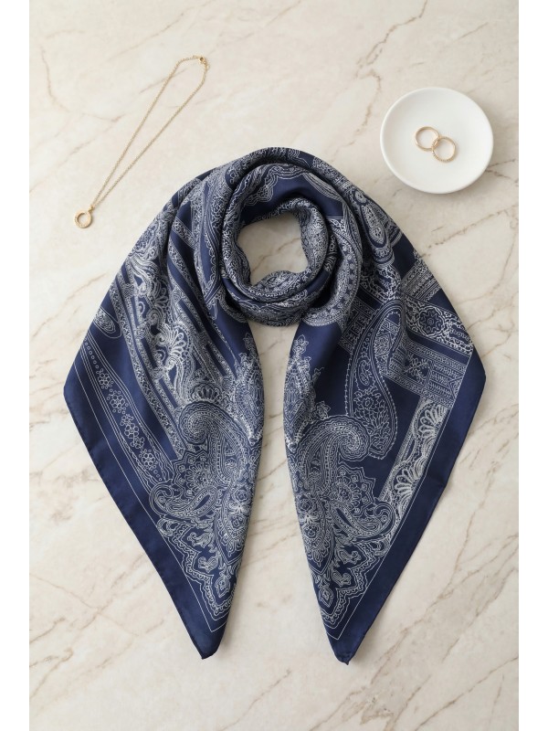 Eskiz Desenli Rayon Eşarp -Lacivert