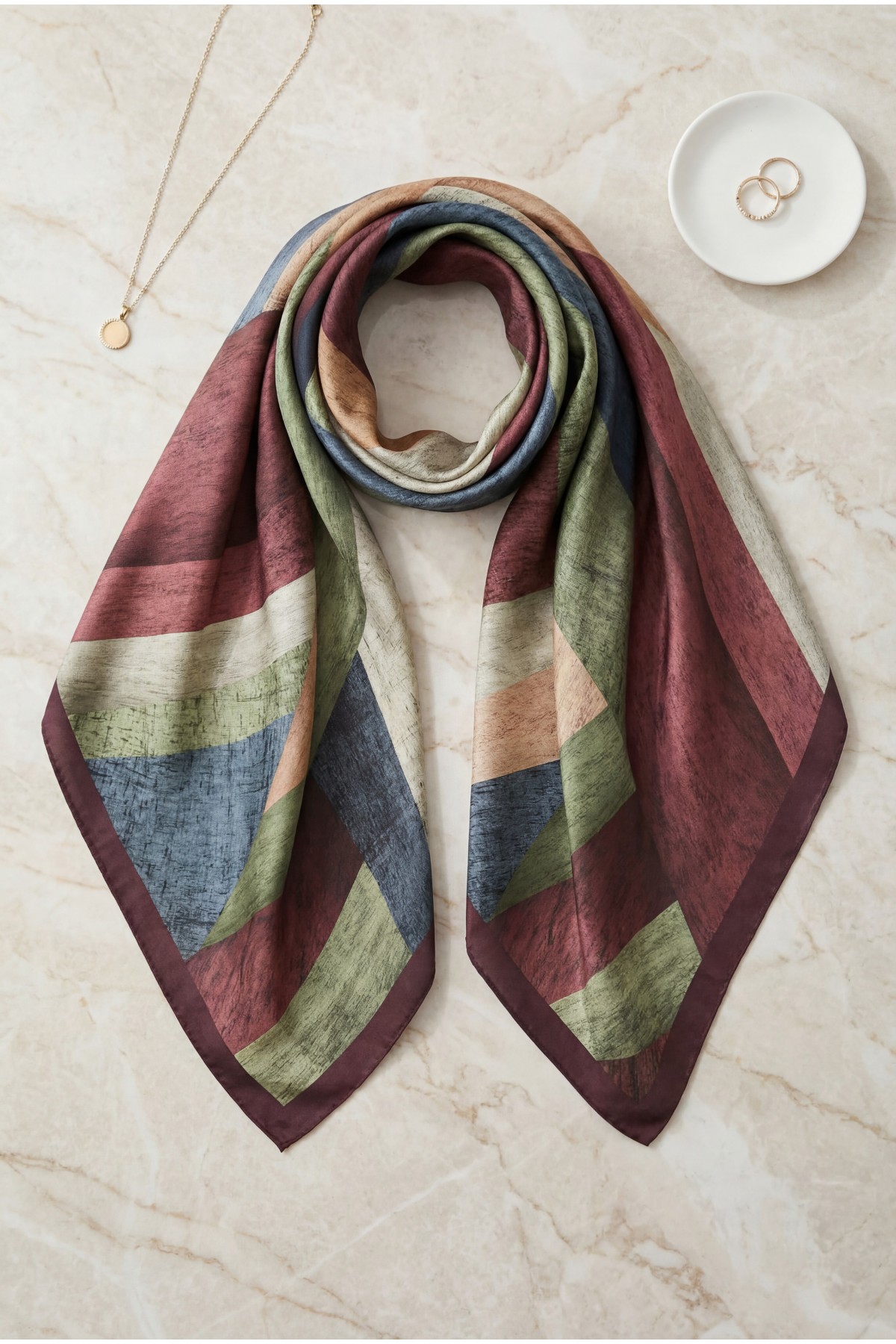 Asimetrik Desenli Rayon Eşarp -Mürdüm