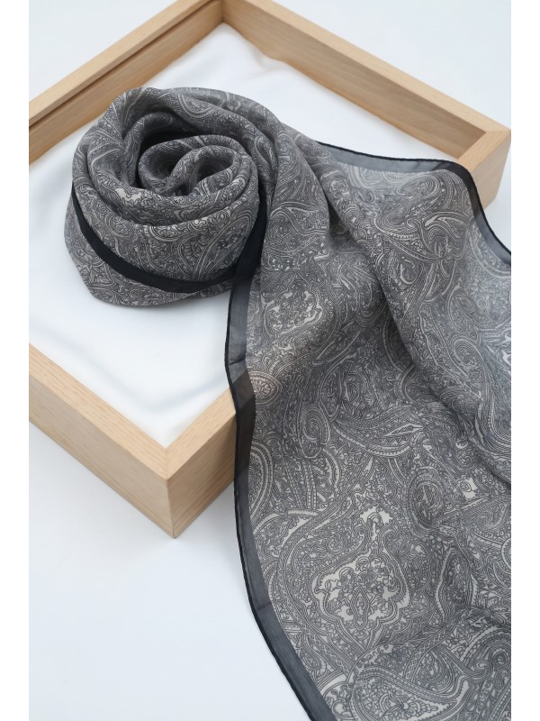 Fine Line Embroidered Cotton Scarf -Black