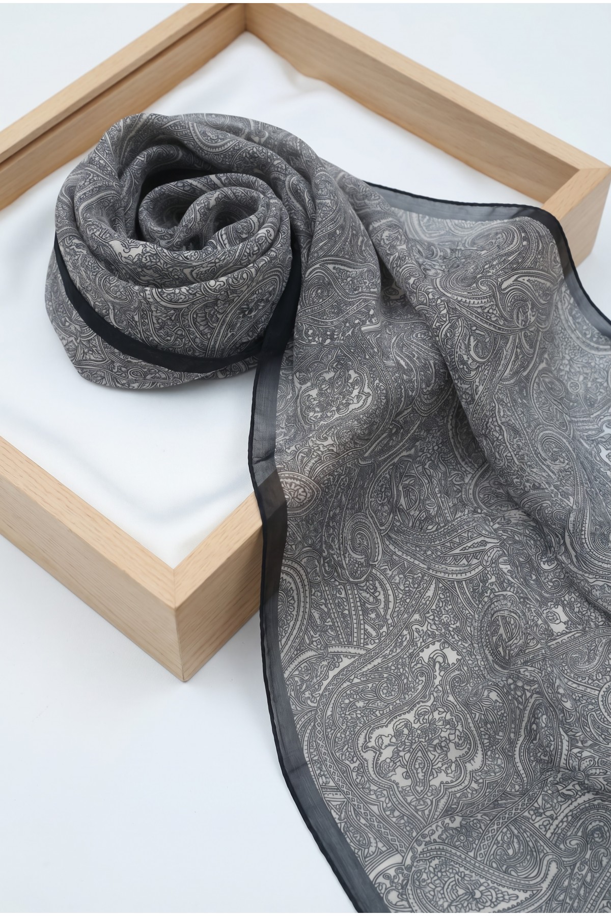 Fine Line Embroidered Cotton Scarf -Black