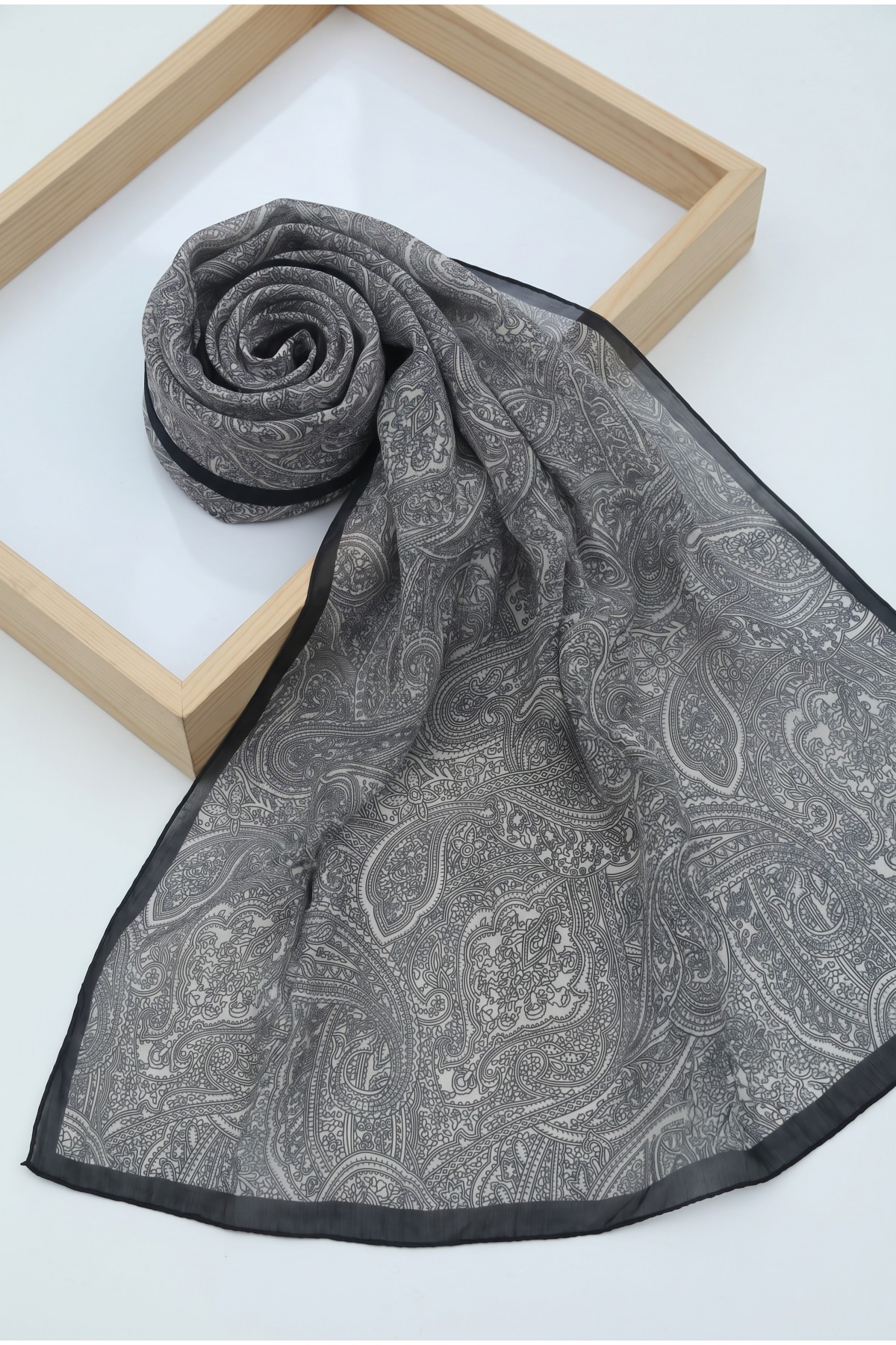 Fine Line Embroidered Cotton Scarf -Black