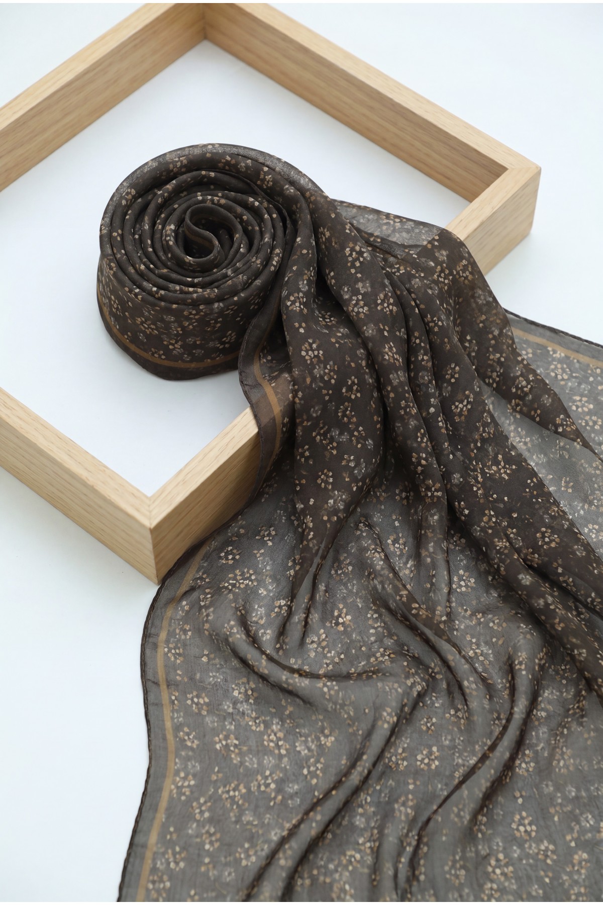 Crisp Floral Patterned Voile Scarf -Brown