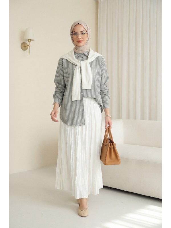 Triko Fular Detaylı Çizgili Keten Gömlek -Haki