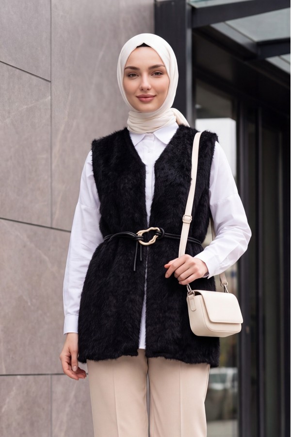 Belted Bearded Vest -Black
