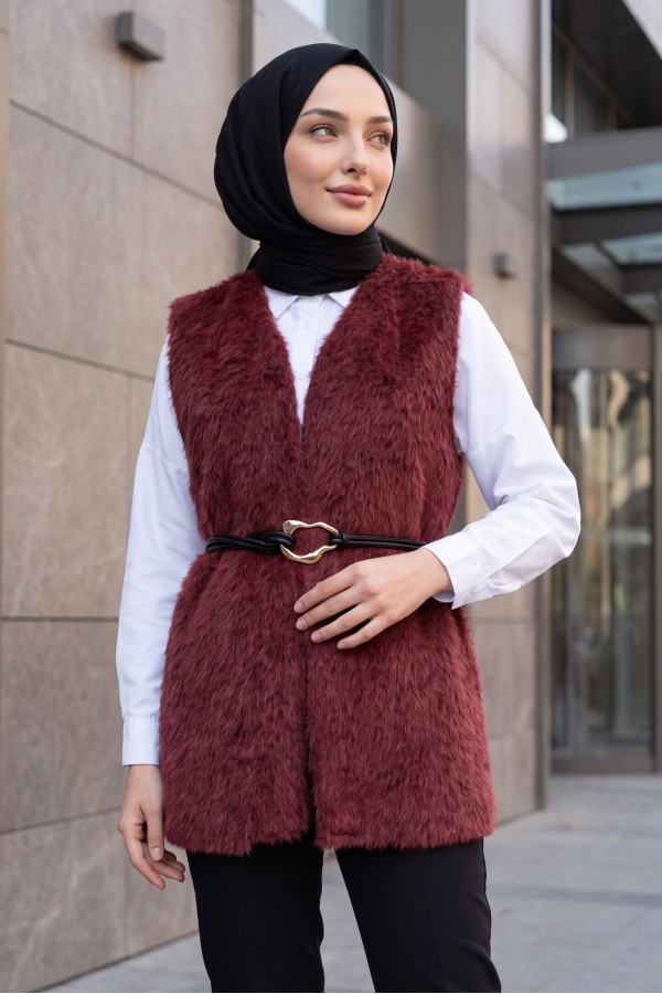 Belted Bearded Vest -Maroon