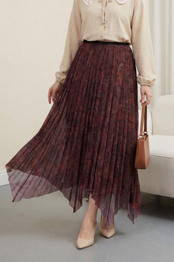 Karışık Desen Beli Lastikli Asimetrik Kesim Astarlı Tül Etek -Bordo