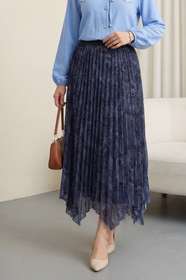 Karışık Desen Beli Lastikli Asimetrik Kesim Astarlı Tül Etek -Koyu Mavi