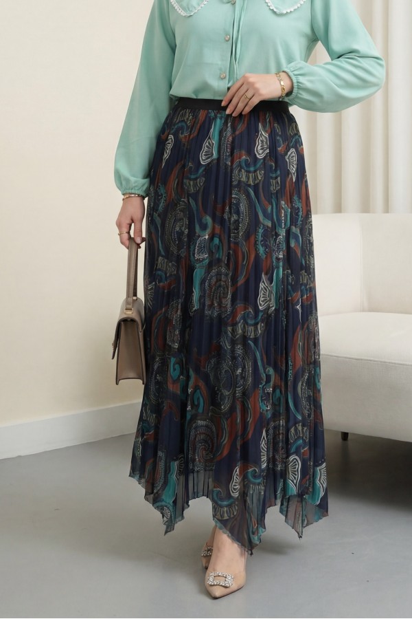 Karışık Desen Beli Lastikli Asimetrik Kesim Astarlı Tül Etek -Su Yeşili