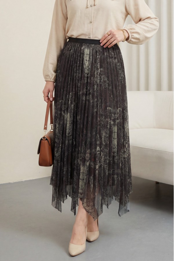 Karışık Desen Beli Lastikli Asimetrik Kesim Astarlı Tül Etek -Kamuflaj