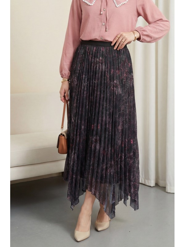 Karışık Desen Beli Lastikli Asimetrik Kesim Astarlı Tül Etek -Vişne