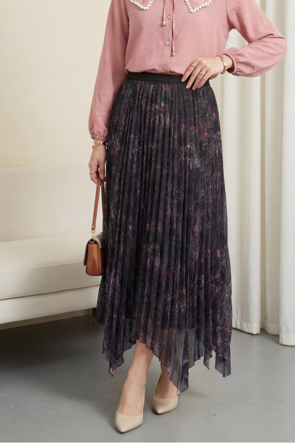 Karışık Desen Beli Lastikli Asimetrik Kesim Astarlı Tül Etek -Vişne