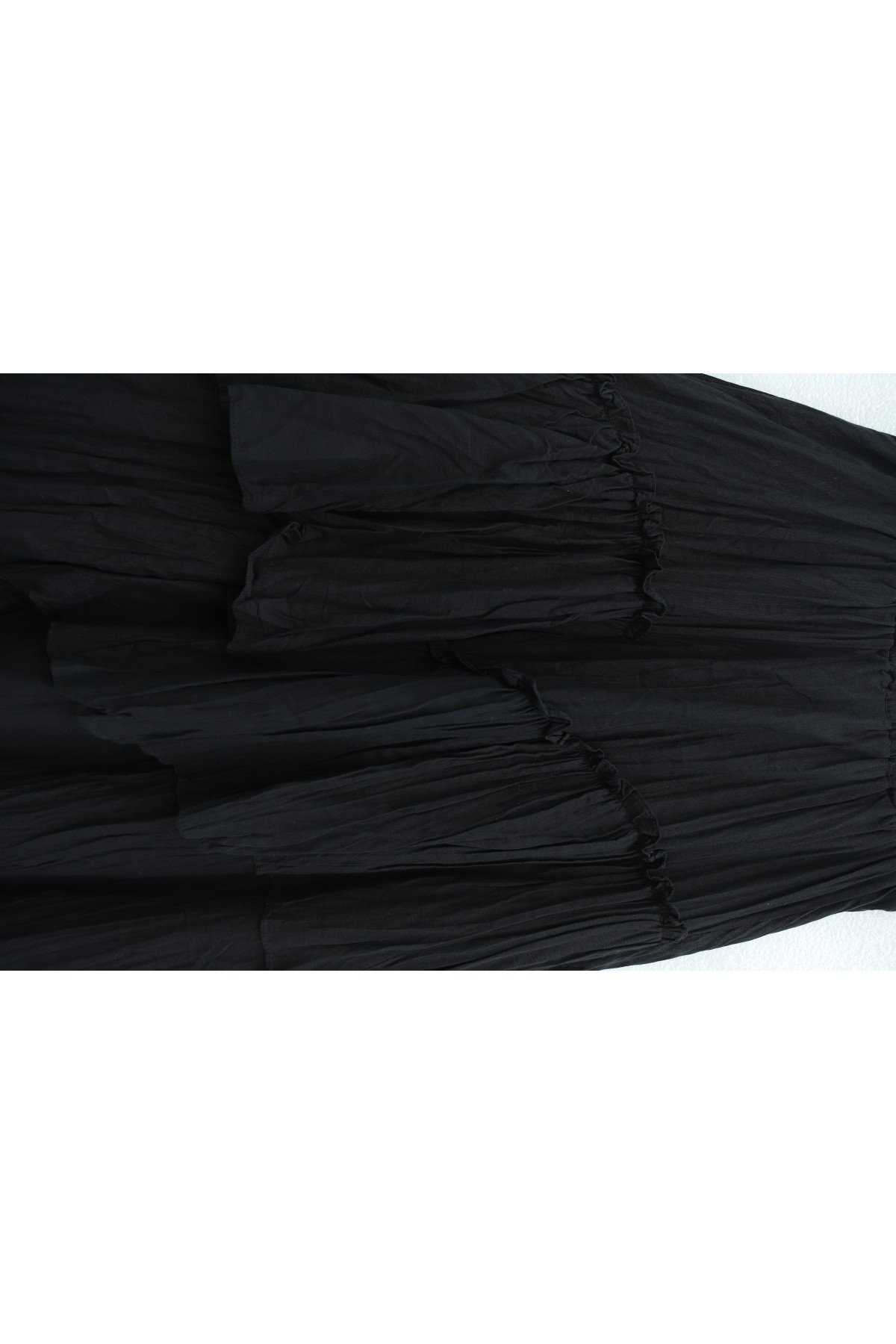 Beli Lastikli Keten Vual Katlı Etek -Siyah