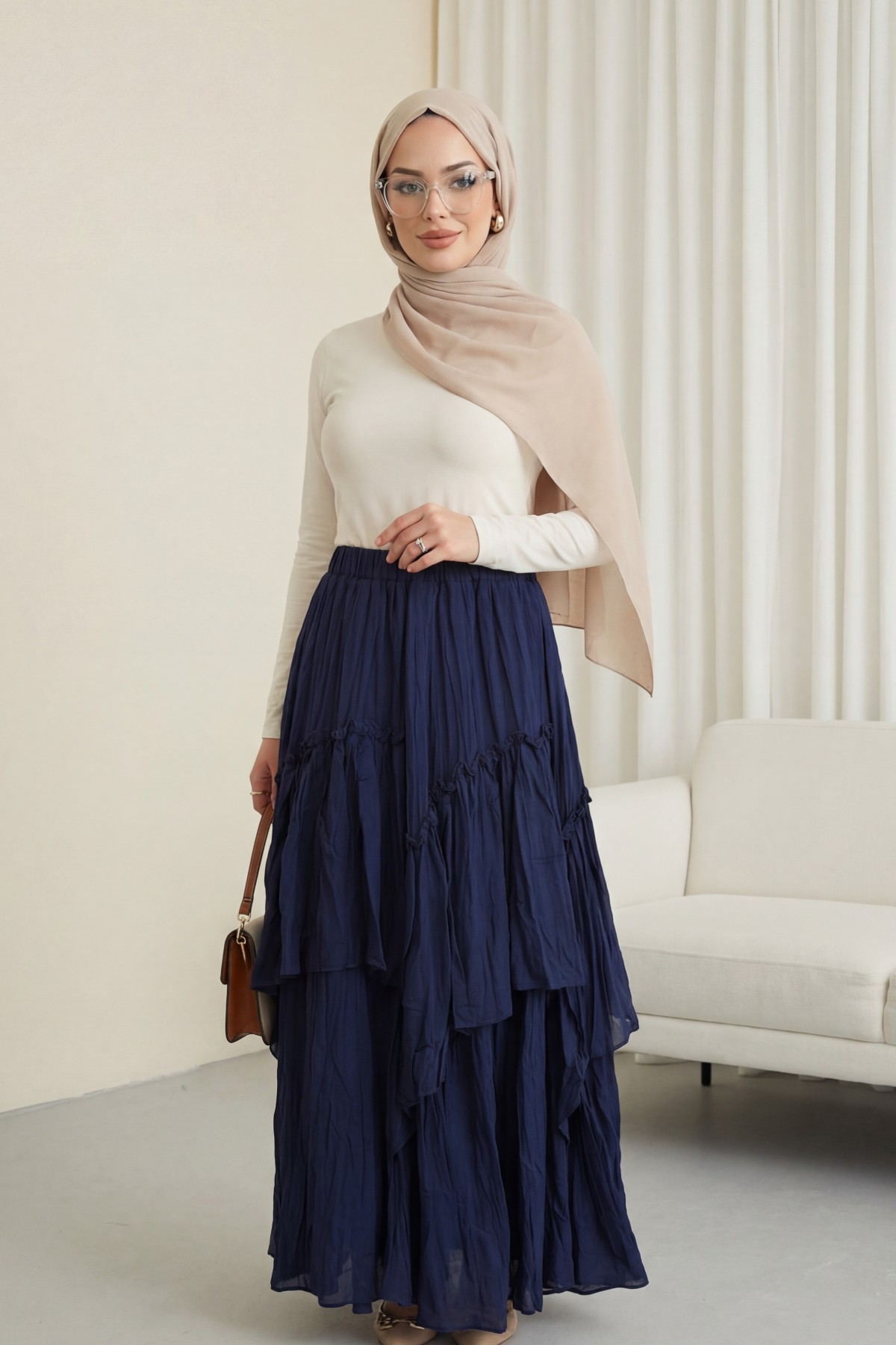 تنورة من طبقات من قماش الفوال الكتاني بخصر مطاطي -كحلي