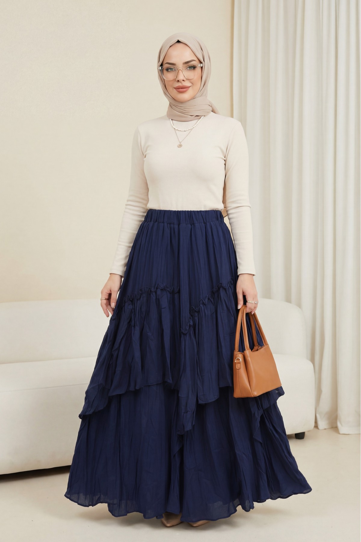 تنورة من طبقات من قماش الفوال الكتاني بخصر مطاطي -كحلي