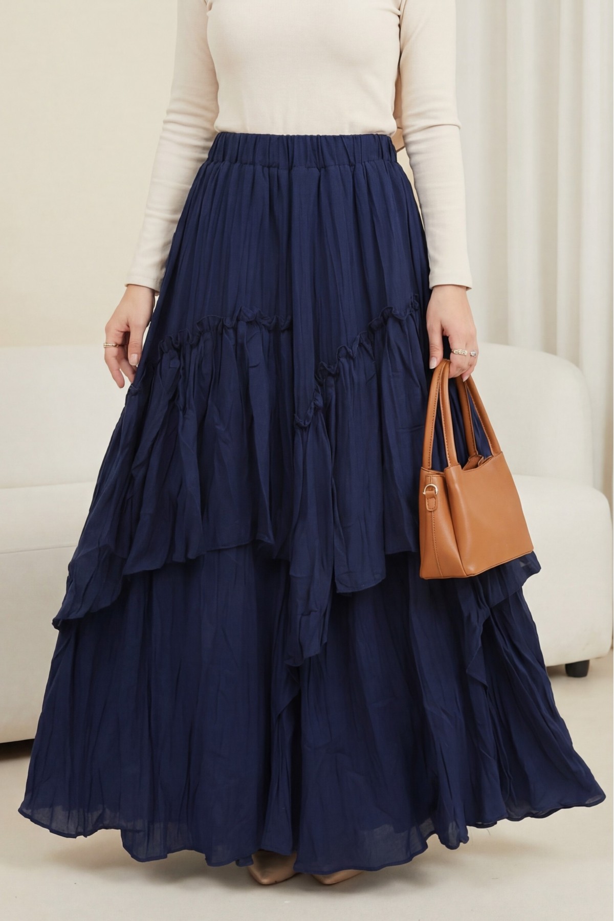 تنورة من طبقات من قماش الفوال الكتاني بخصر مطاطي -كحلي