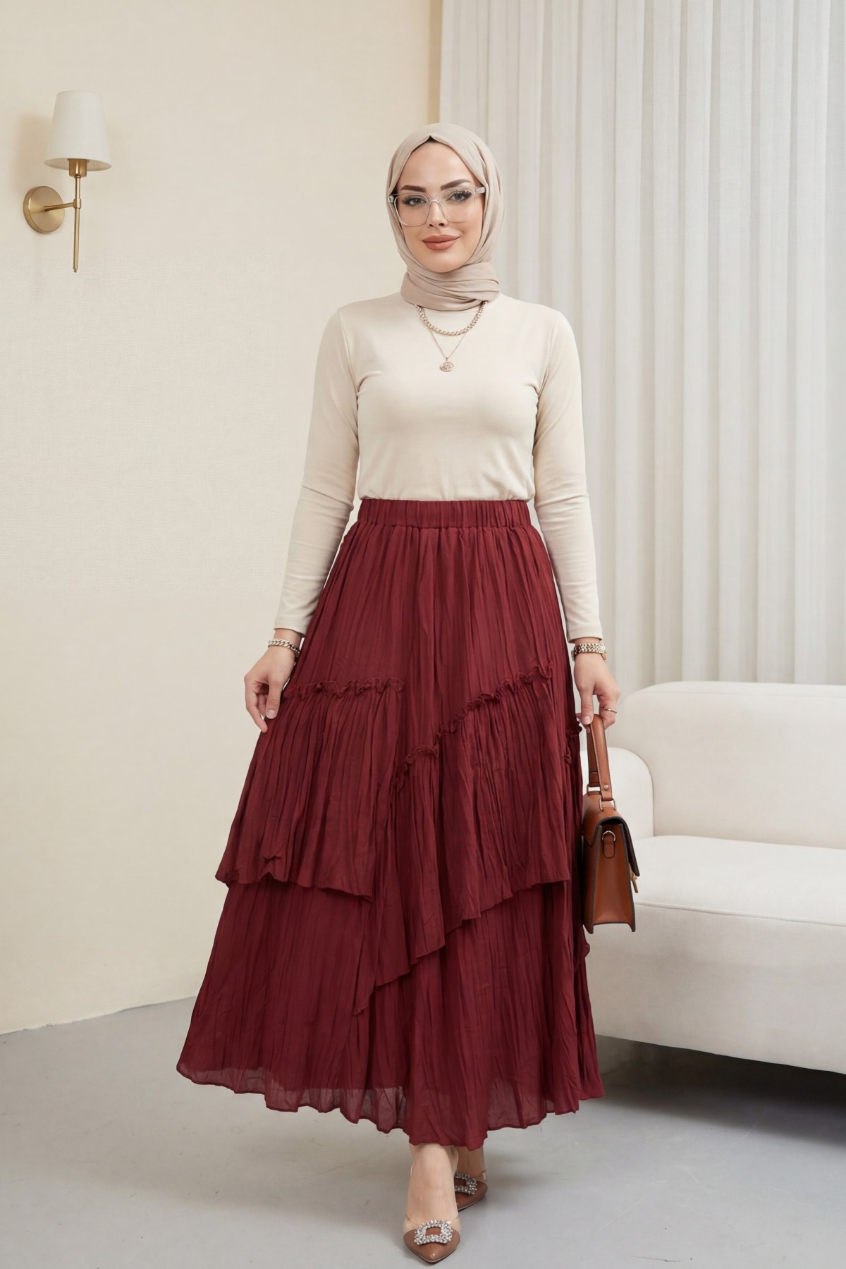 تنورة من طبقات من قماش الفوال الكتاني بخصر مطاطي -بوردو