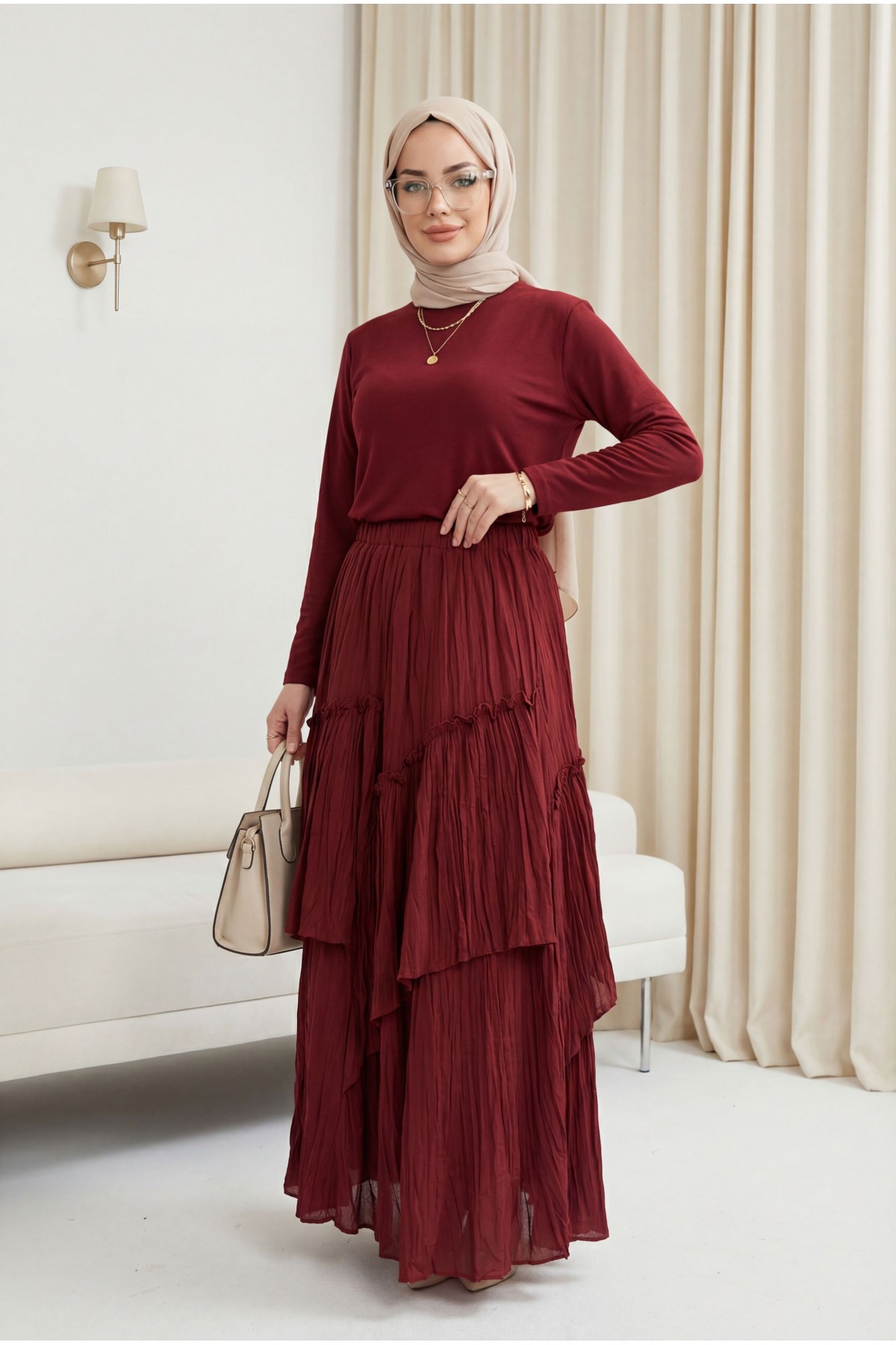 تنورة من طبقات من قماش الفوال الكتاني بخصر مطاطي -بوردو