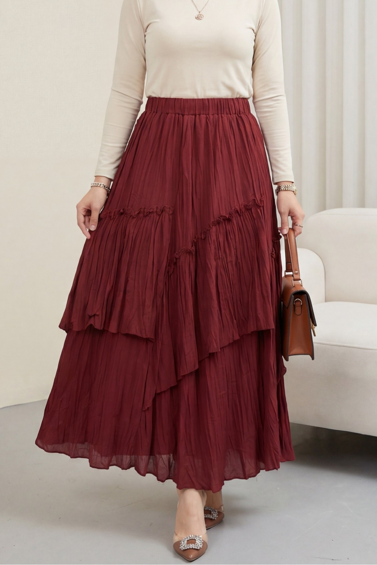 تنورة من طبقات من قماش الفوال الكتاني بخصر مطاطي -بوردو