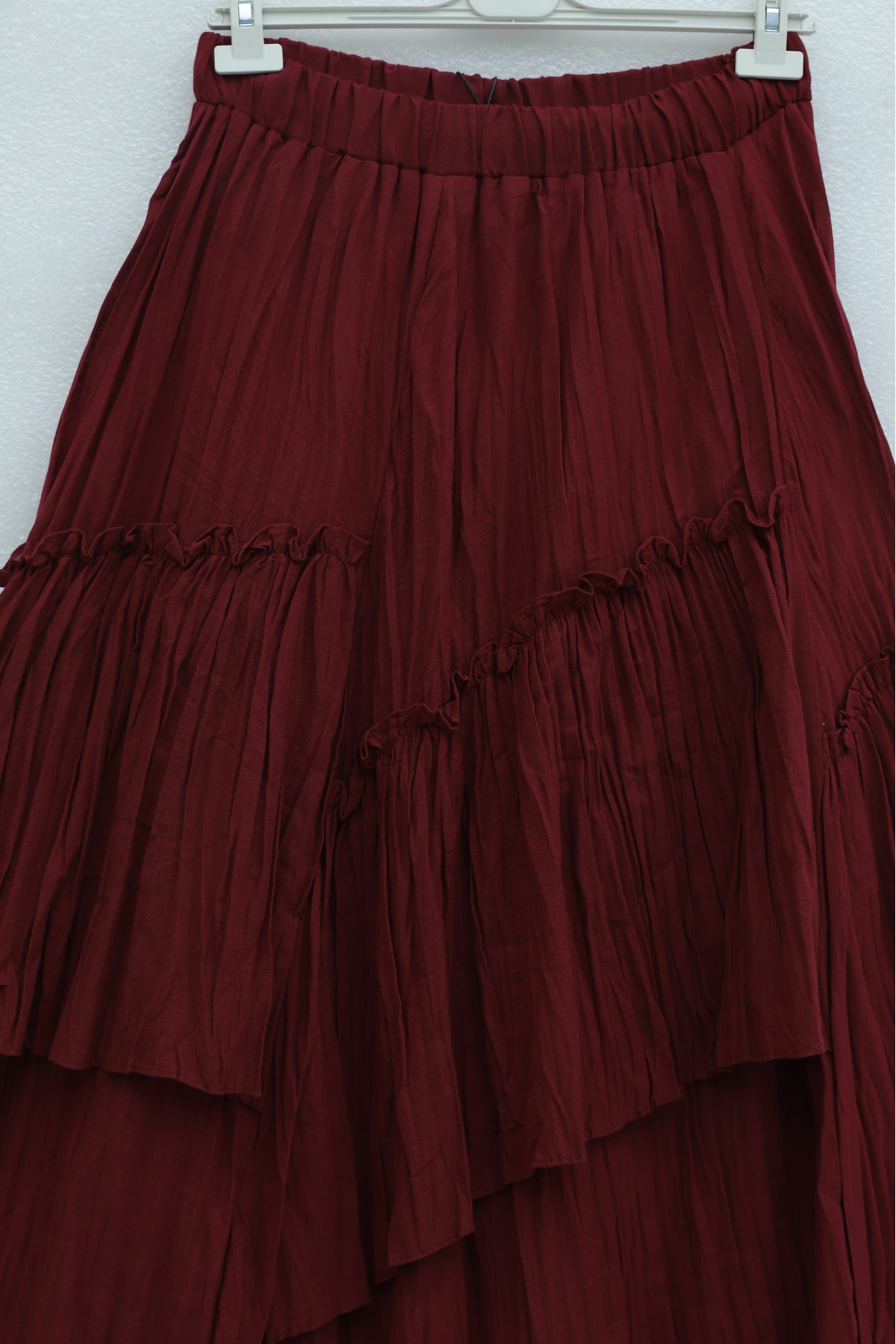 تنورة من طبقات من قماش الفوال الكتاني بخصر مطاطي -بوردو