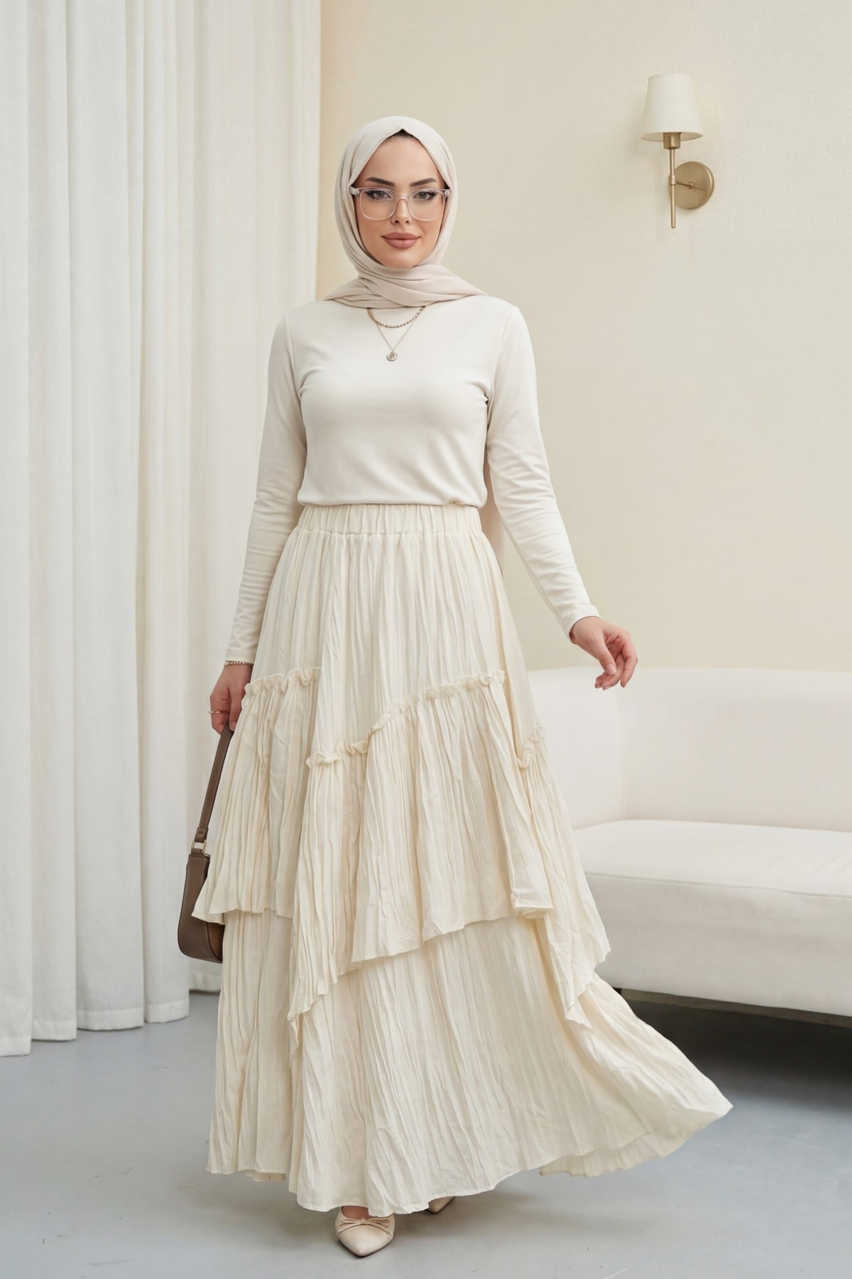 تنورة من طبقات من قماش الفوال الكتاني بخصر مطاطي -أبيض سكري