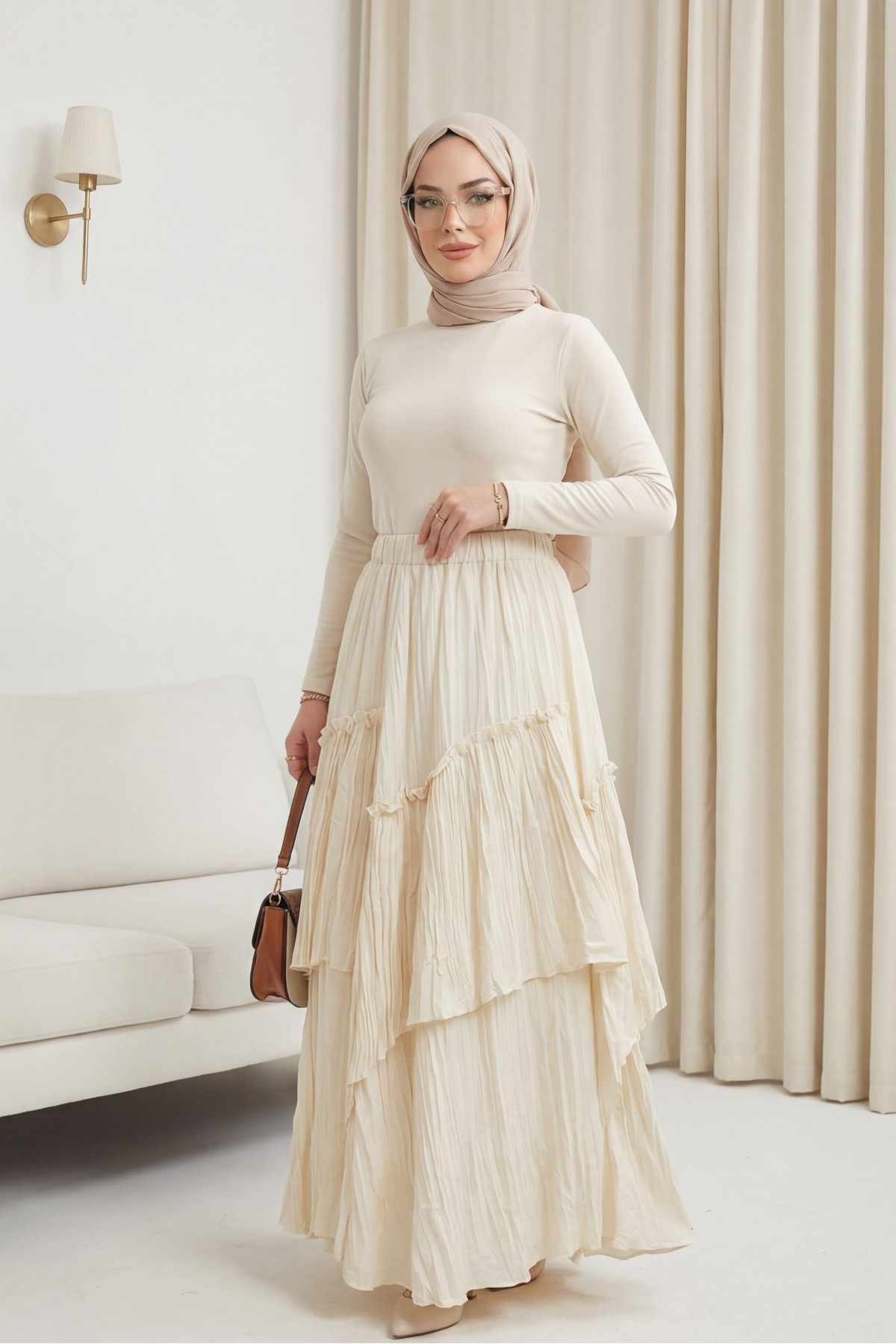 تنورة من طبقات من قماش الفوال الكتاني بخصر مطاطي -أبيض سكري