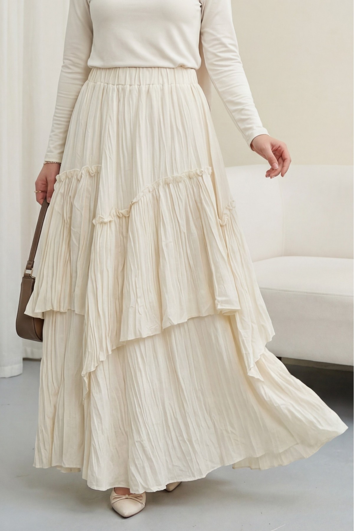 تنورة من طبقات من قماش الفوال الكتاني بخصر مطاطي -أبيض سكري