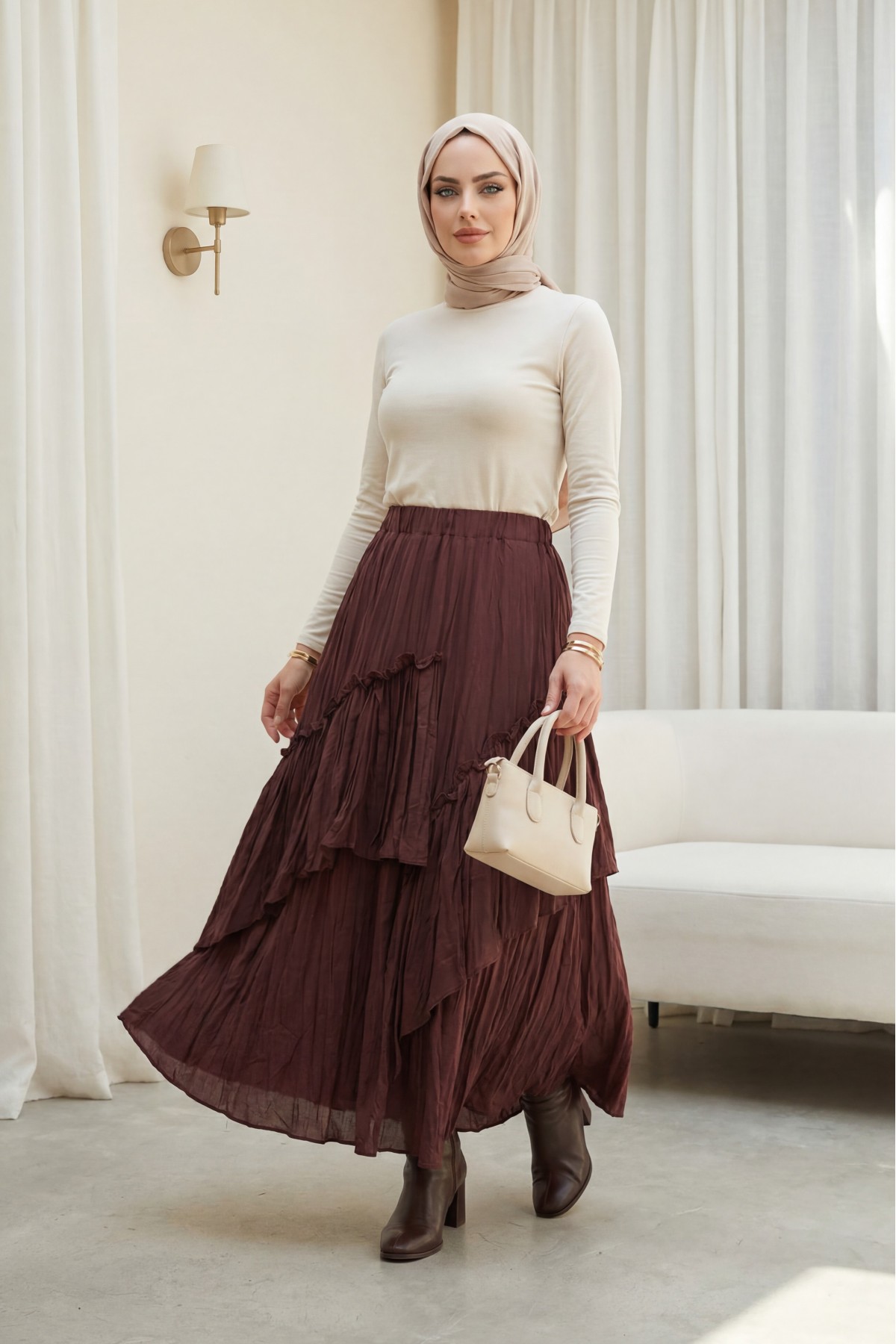 Elasticated Waist Linen Voile Layered Skirt  -Dark Bordo