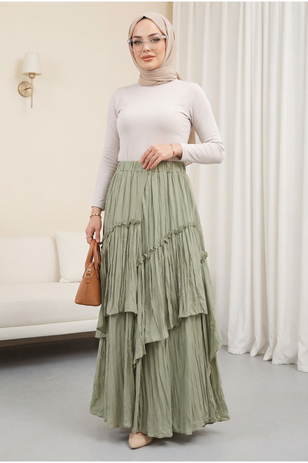 تنورة من طبقات من قماش الفوال الكتاني بخصر مطاطي -كاجلا جرين