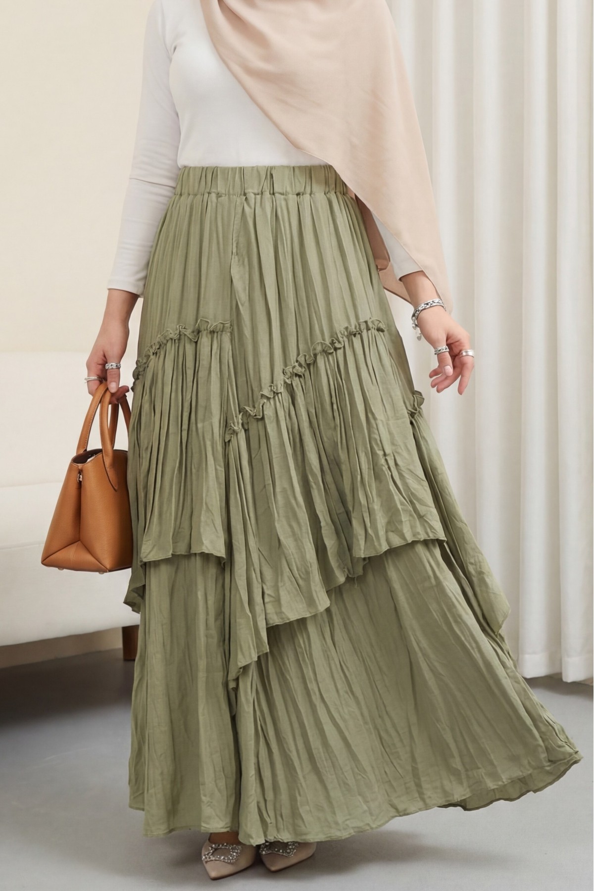 تنورة من طبقات من قماش الفوال الكتاني بخصر مطاطي -كاجلا جرين