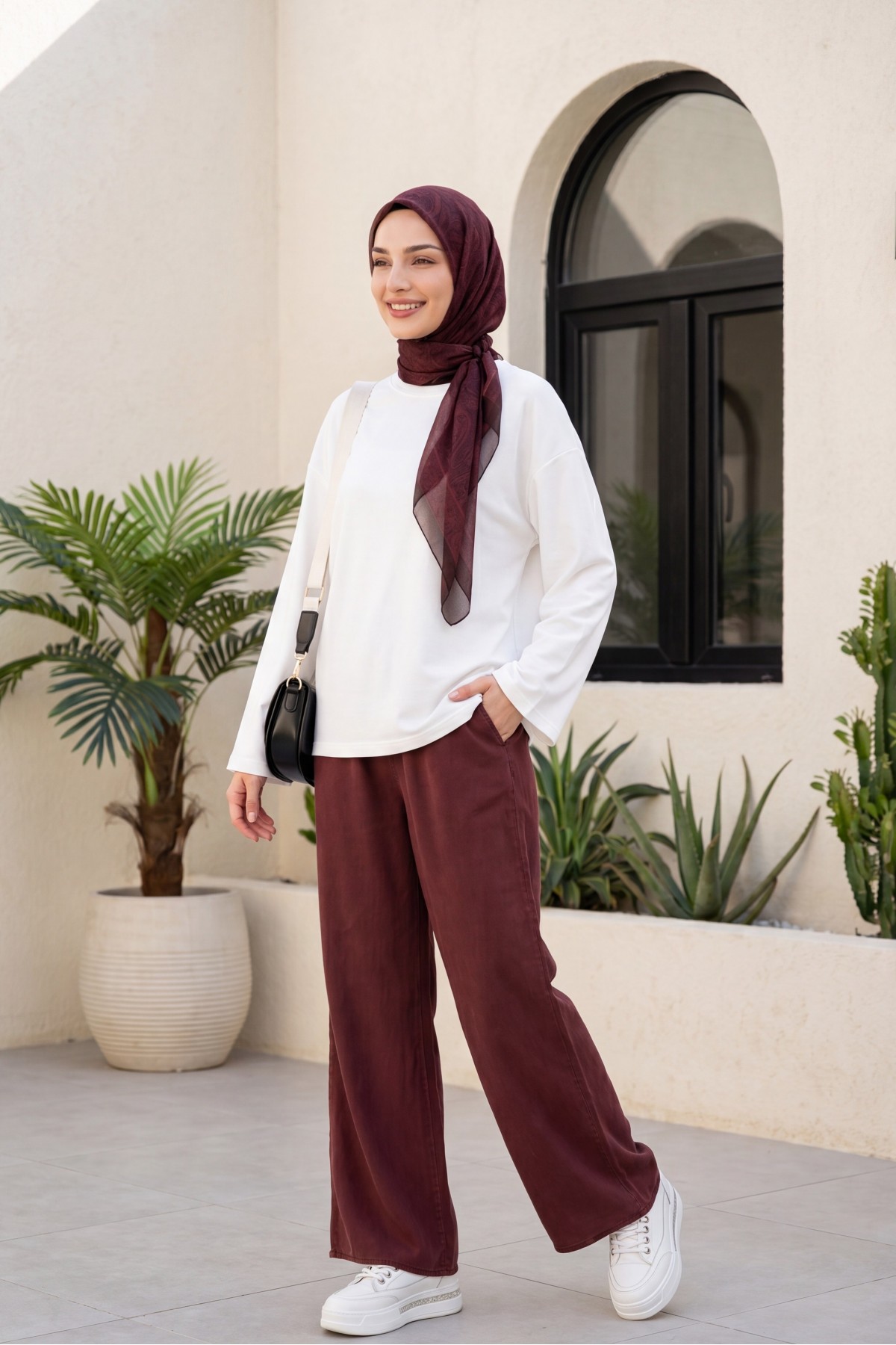 Beli Lastikli Çİft Cepli Bol Paça Tensel Pantolon -Mürdüm