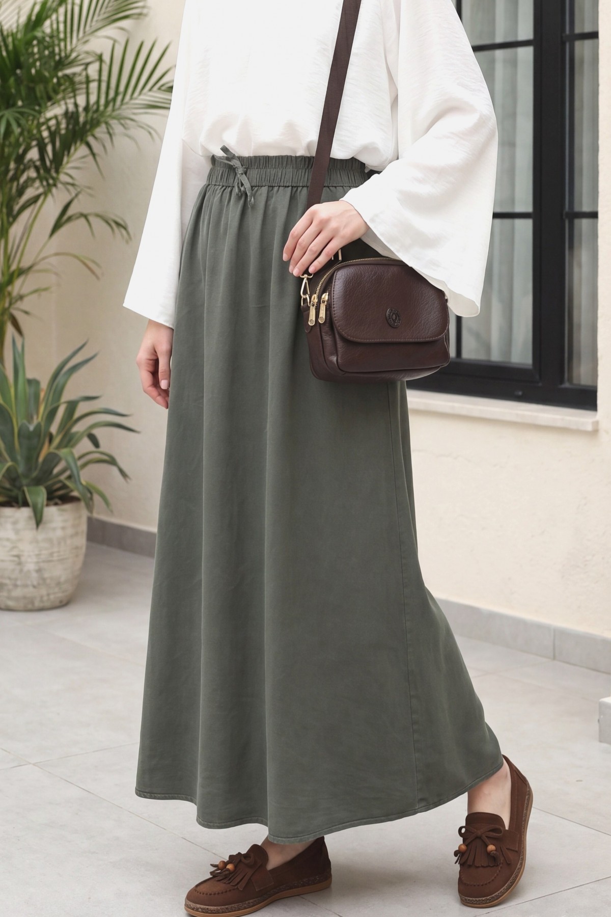 Tencel Skirt with Elastic Waistband, Drawstring Detail, and Pockets -Khaki